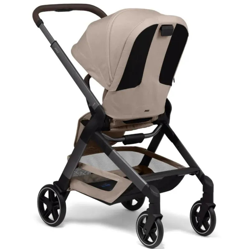 Joolz Hub² Compact Stroller in Sandy Taupe, featuring a lightweight design, adjustable canopy, and spacious storage basket.
