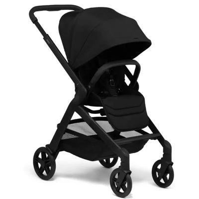 Lightweight Joolz Hub² Compact Stroller in Space Black, featuring a large canopy and ergonomic seating.