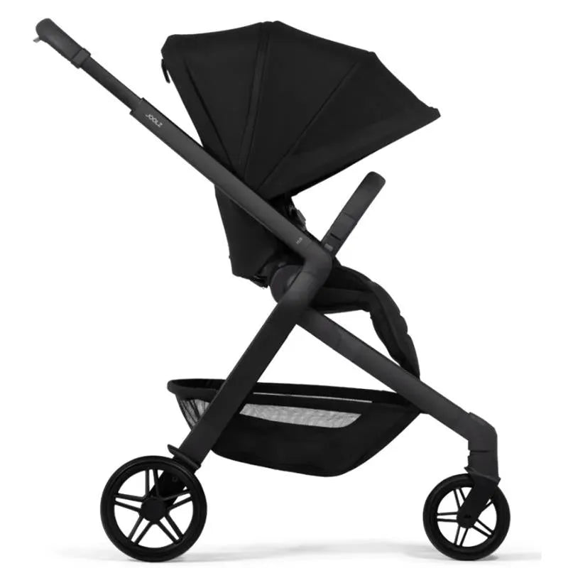 Compact Joolz Hub² stroller in space black, featuring a large canopy and a spacious storage basket.