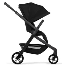 Compact Joolz Hub² stroller in space black, featuring a large canopy and a spacious storage basket.