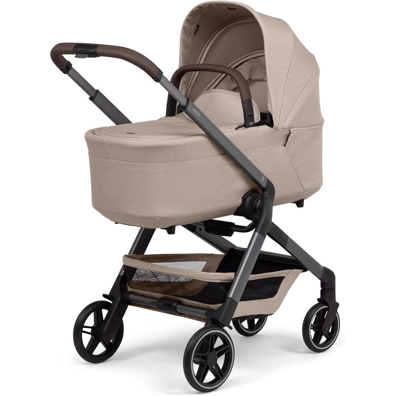 Joolz Hub2 Cot in Sandy Taupe features a lightweight frame, comfortable bassinet, and spacious storage basket.