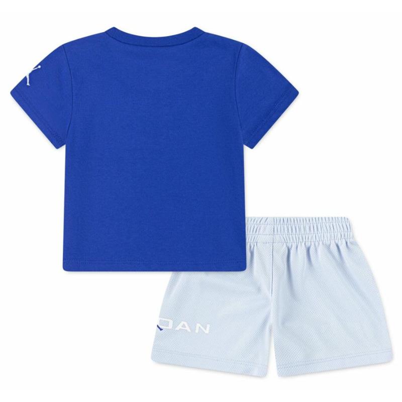 Jordan Baby 2Pk Baseline Mesh Shorts Set featuring a blue t-shirt and light blue mesh shorts with logo detail.