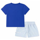 Jordan Baby 2Pk Baseline Mesh Shorts Set featuring a blue t-shirt and light blue mesh shorts with logo detail.