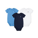 Three Jordan bodysuits for infants, in blue, navy, and white, featuring the iconic Jordan logo.