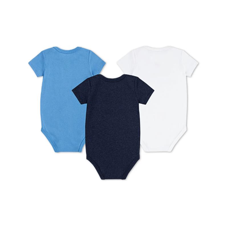 Three baby bodysuits in blue, navy, and white, designed as everyday essentials for infants aged 0-6 months.