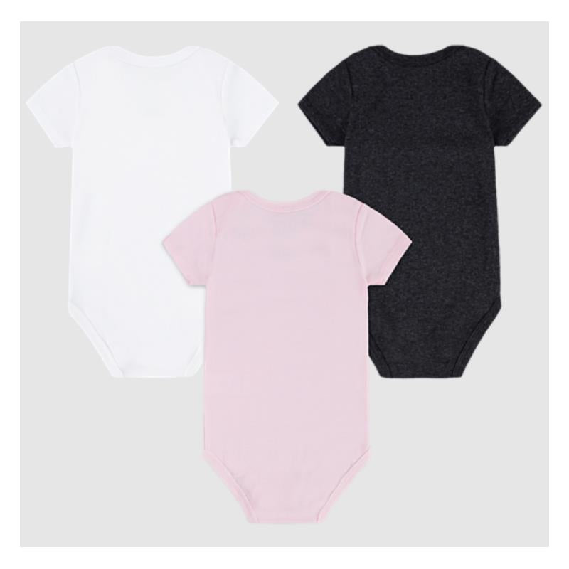 Three baby bodysuits in pink, white, and dark gray, designed for infants aged 0 to 6 months.