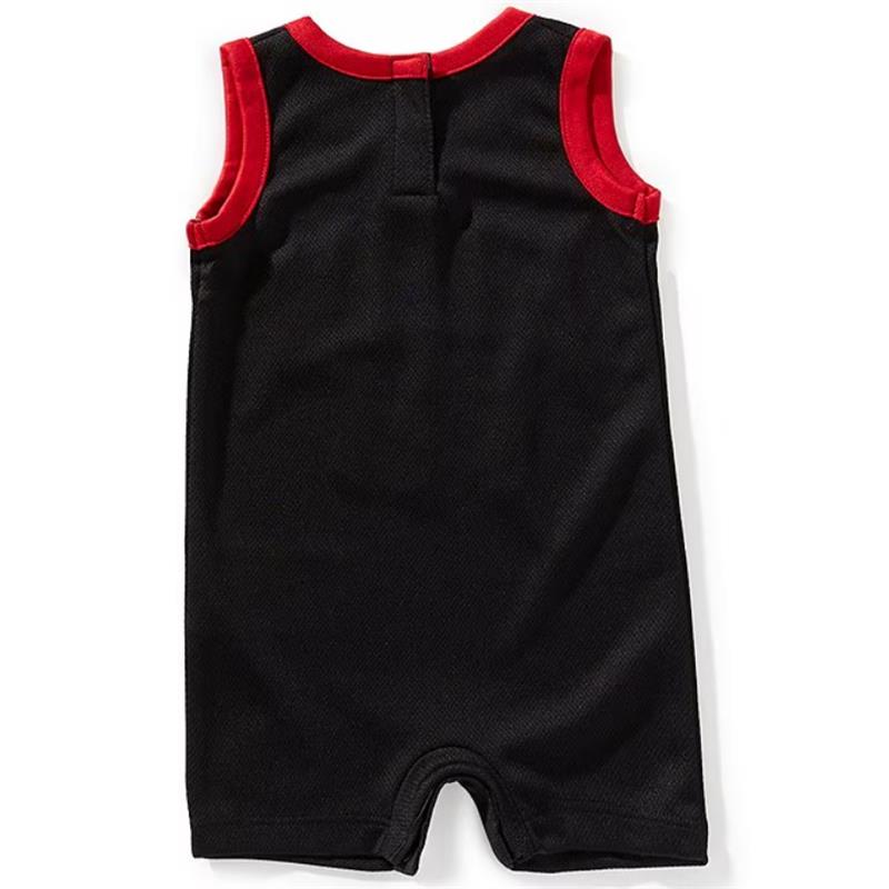 Black sleeveless Baby Boy Jumpman 23 Jersey Romper with red trim, featuring a sporty design suitable for young children.