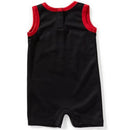 Black sleeveless Baby Boy Jumpman 23 Jersey Romper with red trim, featuring a sporty design suitable for young children.