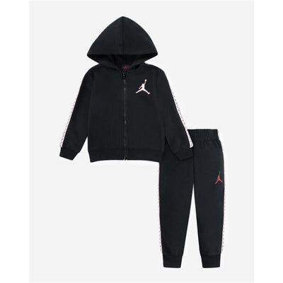 Little Kids Jordan MJ Flight MVP Set featuring a black zip-up hoodie with a red logo and matching pants.