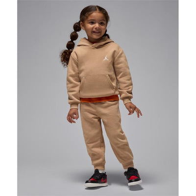 Kids Brooklyn Fleece Set in hemp color, featuring a hooded sweatshirt and matching sweatpants, worn by a child.