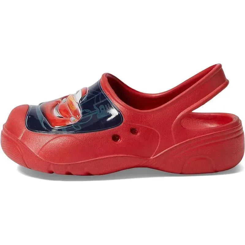 Red slide sandals for baby boys featuring a Cars design on the front and an open-back style.