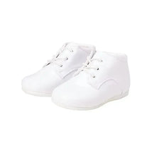 White high top ankle support walking shoes for baby boys, featuring laces and a smooth leather-like finish.