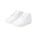 White dress shoes for baby boys, featuring lace-up design and a soft sole, ideal for christening or formal occasions.