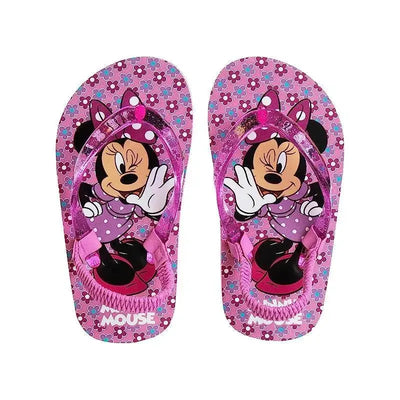 Pink flip flops for baby girls featuring Minnie Mouse with a floral design and shiny straps.