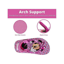 Pink Josmo baby girl flip flops featuring Minnie Mouse design, with arch support, non-slip outsole, and elastic strap.