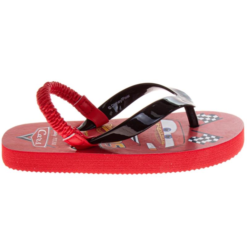 Red Josmo sandals featuring Disney Cars design, with black straps and graphic of Lightning McQueen on the footbed.