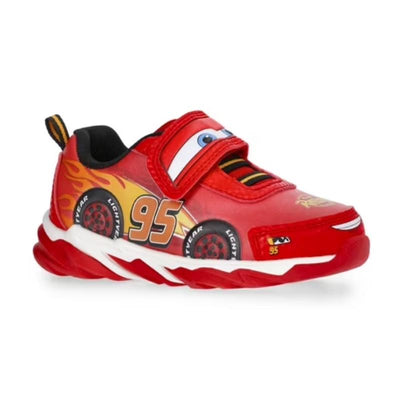Red athletic shoes for toddlers featuring Lightning McQueen design and a Velcro strap, ideal for active play.