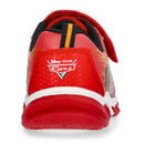 Red Josmo Disney Cars toddler athletic shoes featuring Lightning McQueen design and velcro strap, with flame accents.