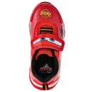 Red athletic shoes for toddlers with Lightning McQueen design, featuring a Velcro strap and cartoon eyes on the front.