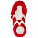 Red athletic shoe for toddlers featuring Lightning McQueen design, with a textured rubber sole and white zigzag accents.