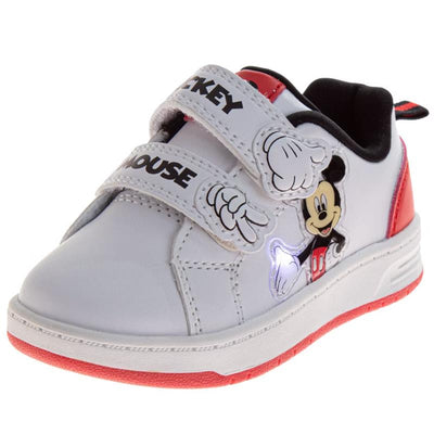 White sneakers for kids featuring Mickey Mouse design, Velcro straps, and red accents with light-up details.