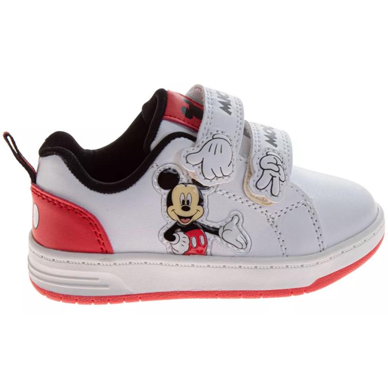White sneakers for kids featuring Mickey Mouse design, with red accents and double Velcro straps for easy wear.