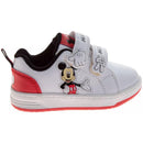 White sneakers for kids featuring Mickey Mouse design, with red accents and double Velcro straps for easy wear.