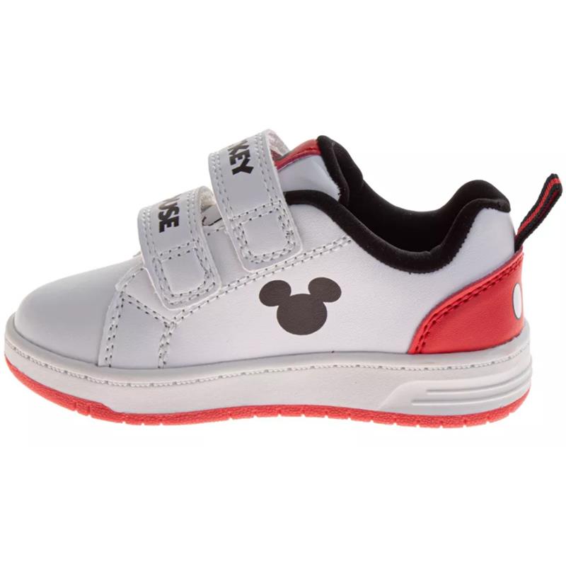 Comfortable white sneakers for kids featuring black Mickey Mouse design, red accents, and Velcro straps.