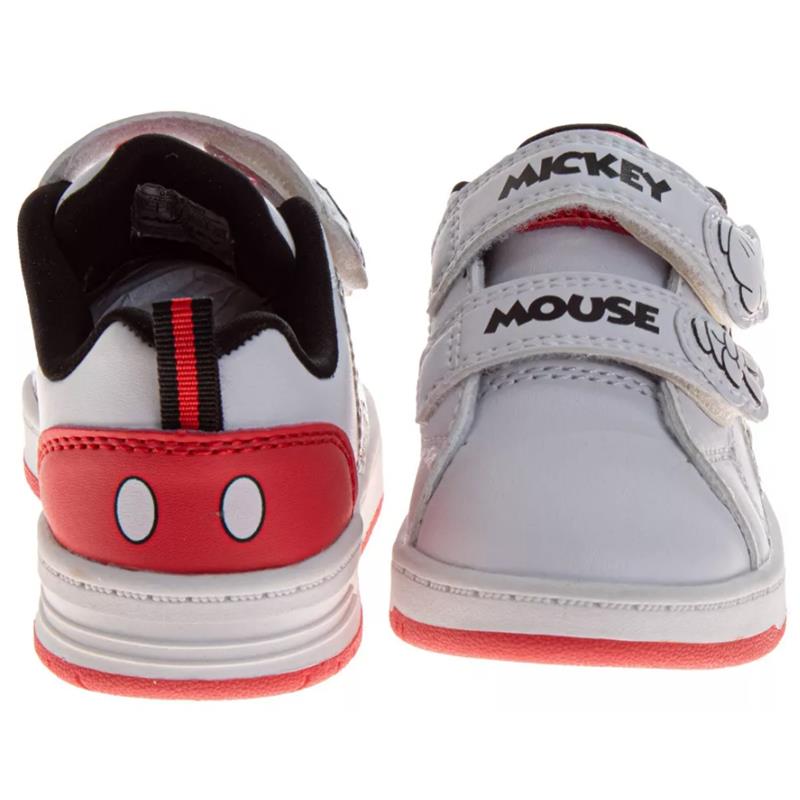 White and red Mickey Mouse sneakers for kids with dual Velcro straps and playful design details on the back.