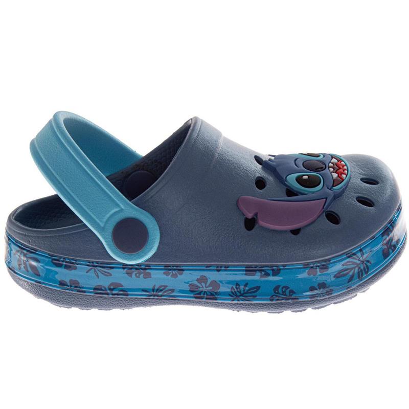 Blue EVA summer clogs featuring a Stitch character design with a floral print sole and a back strap for secure fit.