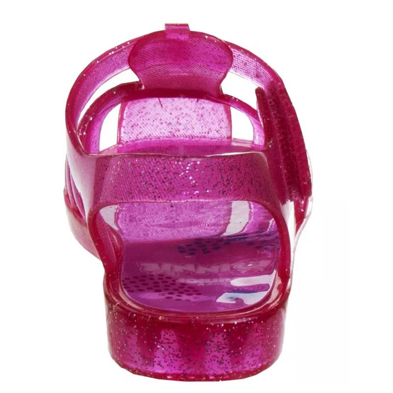 Pink jelly sandals for girls featuring a buckle, designed with glittery material and a Minnie Mouse logo inside.