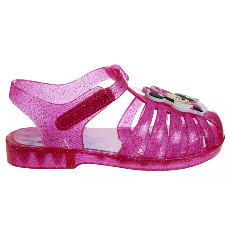 Pink jelly sandals for girls featuring a Minnie Mouse design on the front, with a glittery finish and adjustable strap.