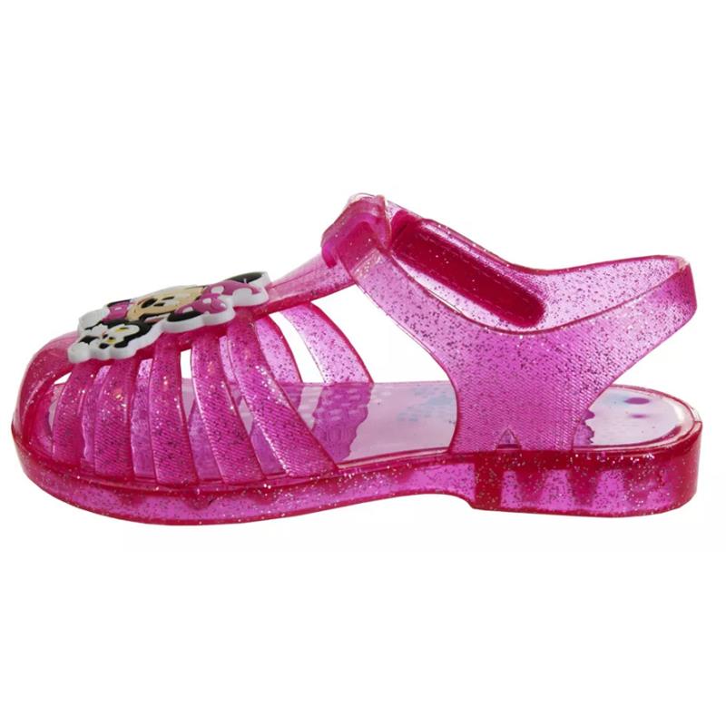 Pink jelly sandals for girls featuring a Minnie Mouse design on the front, with glitter details and open straps.