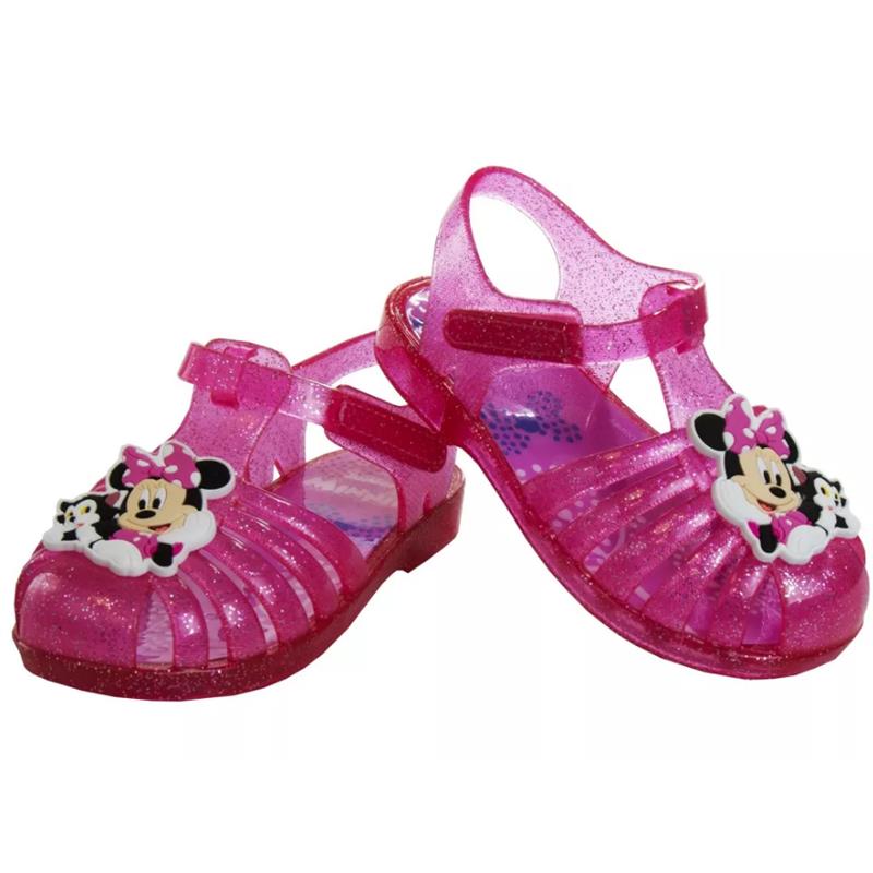 Pink jelly sandals for girls featuring Minnie Mouse graphics and a sparkly design. Adjustable straps for a secure fit.