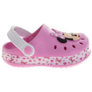 Pink slip-on clogs featuring a Minnie Mouse design and polka dot accents, perfect for girls.