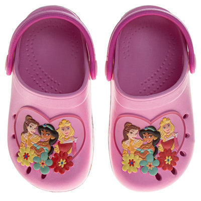 Slip-on clogs featuring Disney Princesses Belle, Jasmine, and Aurora with a pink color and flower designs.