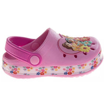 Pink slip-on clogs featuring Disney Princess graphics and a floral design along the sole.