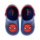 Blue waterproof slip-on clogs featuring a Spider-Man face and web design, suitable for kids.