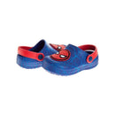 Waterproof blue Spiderman clog sandals with red straps and a cartoon spider face design on the front.