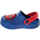 Blue waterproof clog sandal for kids featuring a red Spider-Man mask and spider web design.
