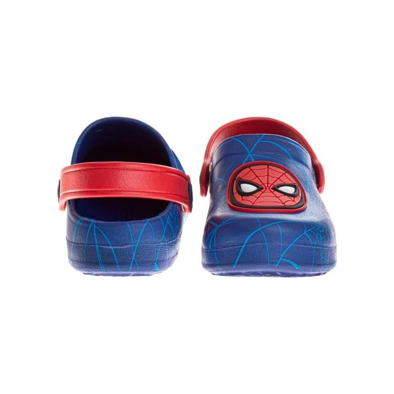 Blue Spiderman clog sandals with red accents and a Spider-Man face logo, designed for kids, waterproof, and slip-on style.