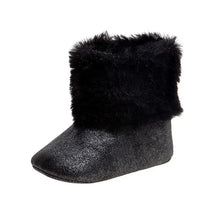 Black ankle snow boots for baby girls by Josmo, featuring a shiny body and a soft black faux fur cuff.