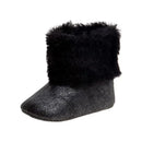 Black ankle snow boots for baby girls by Josmo, featuring a shiny body and a soft black faux fur cuff.