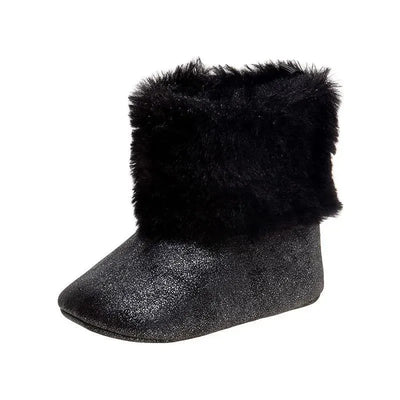 Black ankle snow boots for baby girls by Josmo, featuring a shiny body and a soft black faux fur cuff.