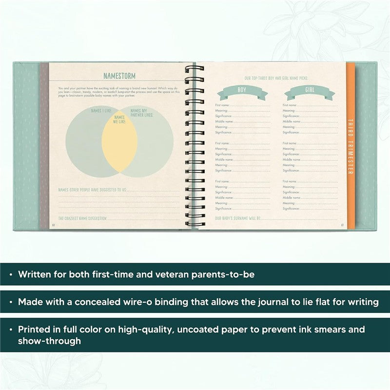 Pregnancy journal open to a page for brainstorming baby names, featuring a Venn diagram and sections for boy and girl name picks.