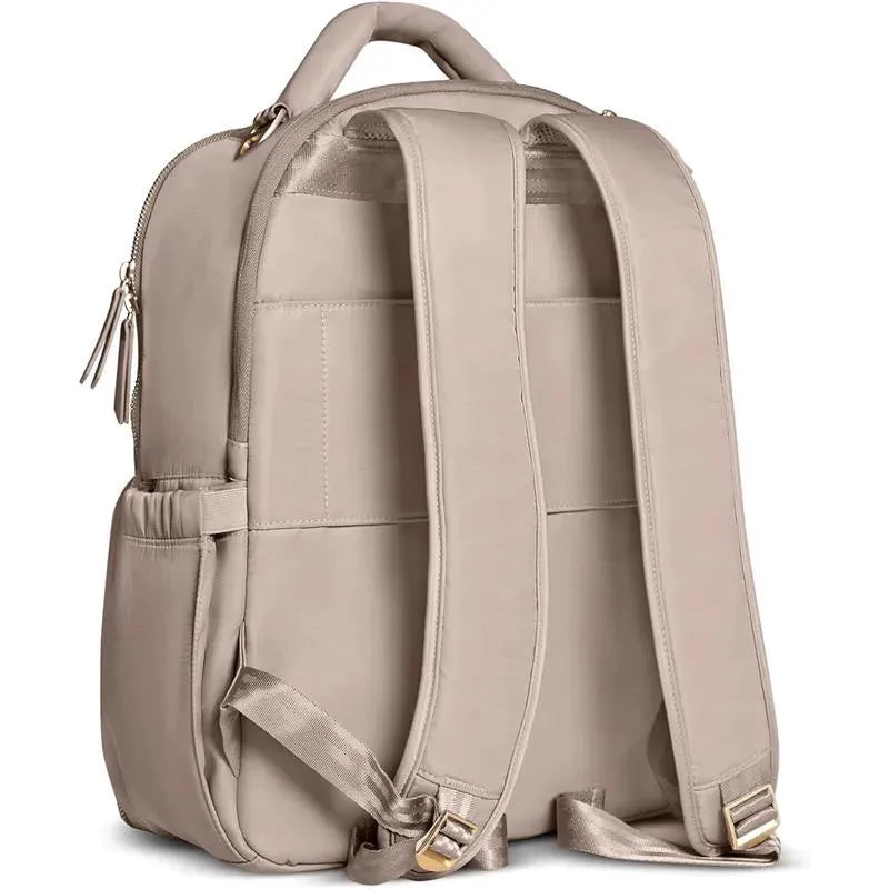 Classic Jujube backpack in taupe, featuring adjustable straps, zip closure, and side pockets.