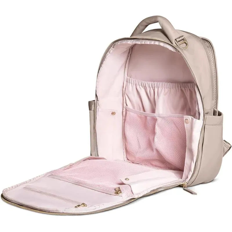 Taupe Jujube Classic Backpack with an open zipper, featuring a pink interior, mesh pocket, and organizational compartments.