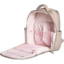 Taupe Jujube Classic Backpack with an open zipper, featuring a pink interior, mesh pocket, and organizational compartments.