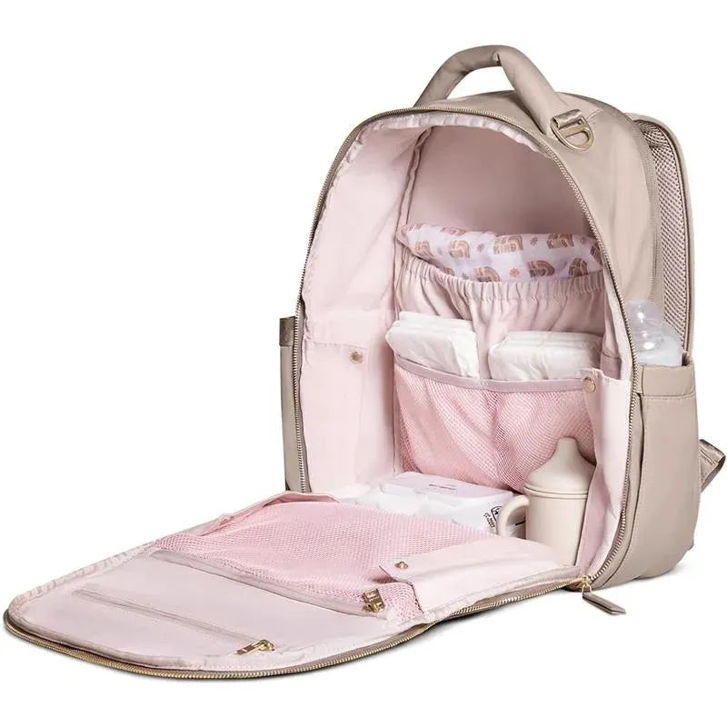 Taupe Jujube Classic Backpack with an open interior showing organization compartments, baby items, and pink lining.
