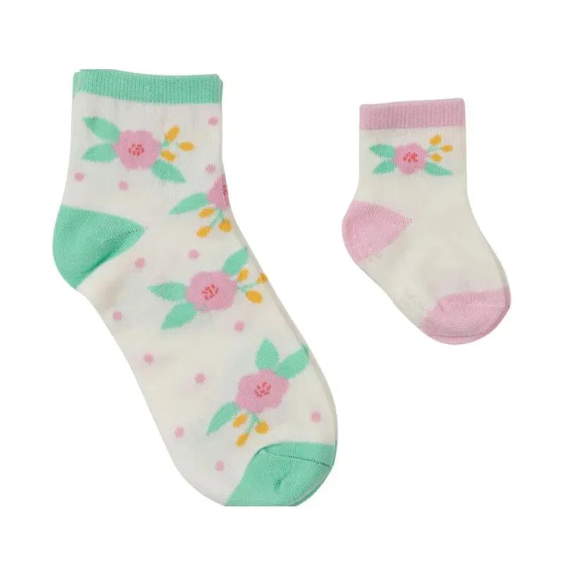 Mini Me Socks Sets in Sweet Daisy design, featuring white background with floral patterns, including pink flowers and green leaves.